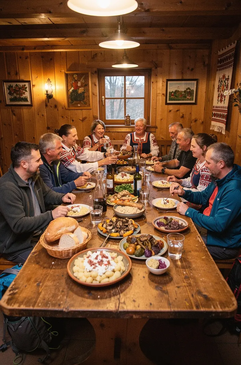 Pohodlná kaviareň s výhľadom na prírodu, kde si turisti môžu vychutnať prestávku počas nečasu.